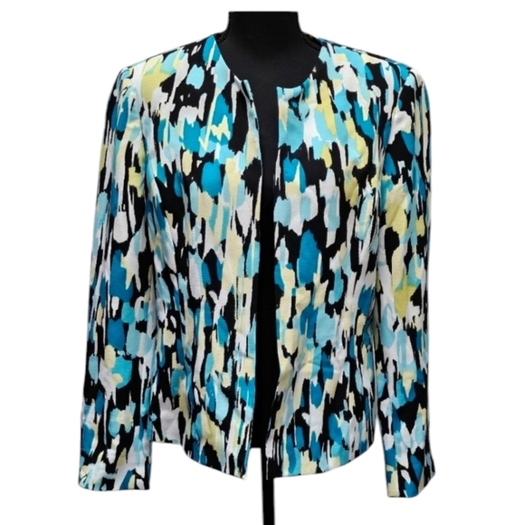 Evan Picone Abstract Open Front Princess Cut Jacket Turquoise Size 12 - Picture 1 of 8